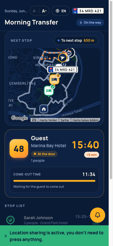 Driver app: dark route screen with the next stop and live map