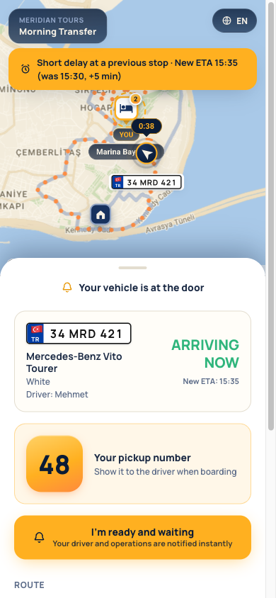 Guest tracking page: live map with the vehicle arriving and the pickup number