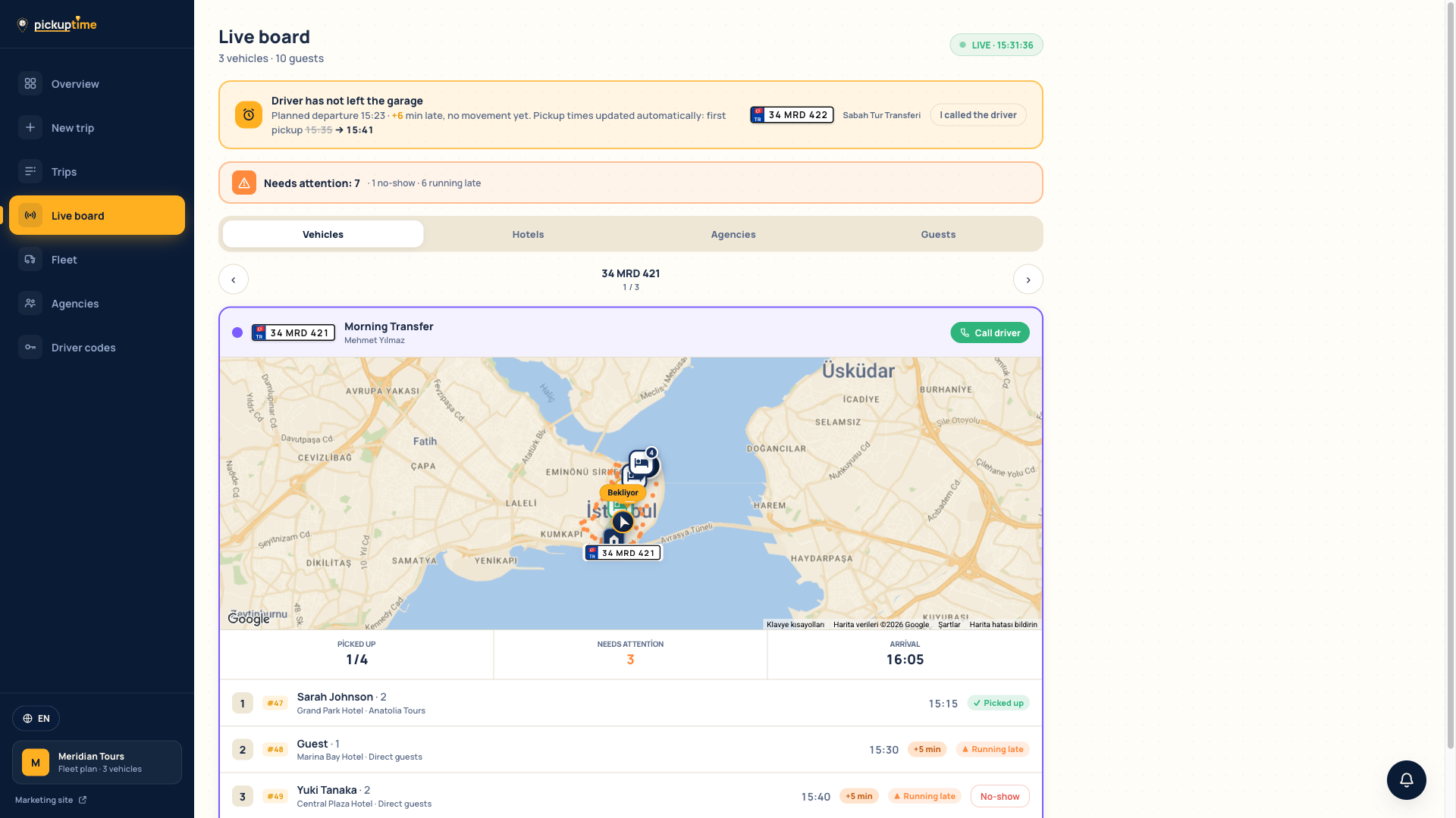 Operations live dashboard: real-time map, stop timeline and delay alerts