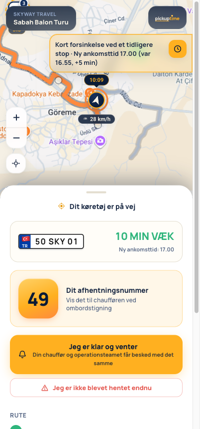 Gæstens sporingsside: live-kort med køretøjet på vej og pickup-nummeret