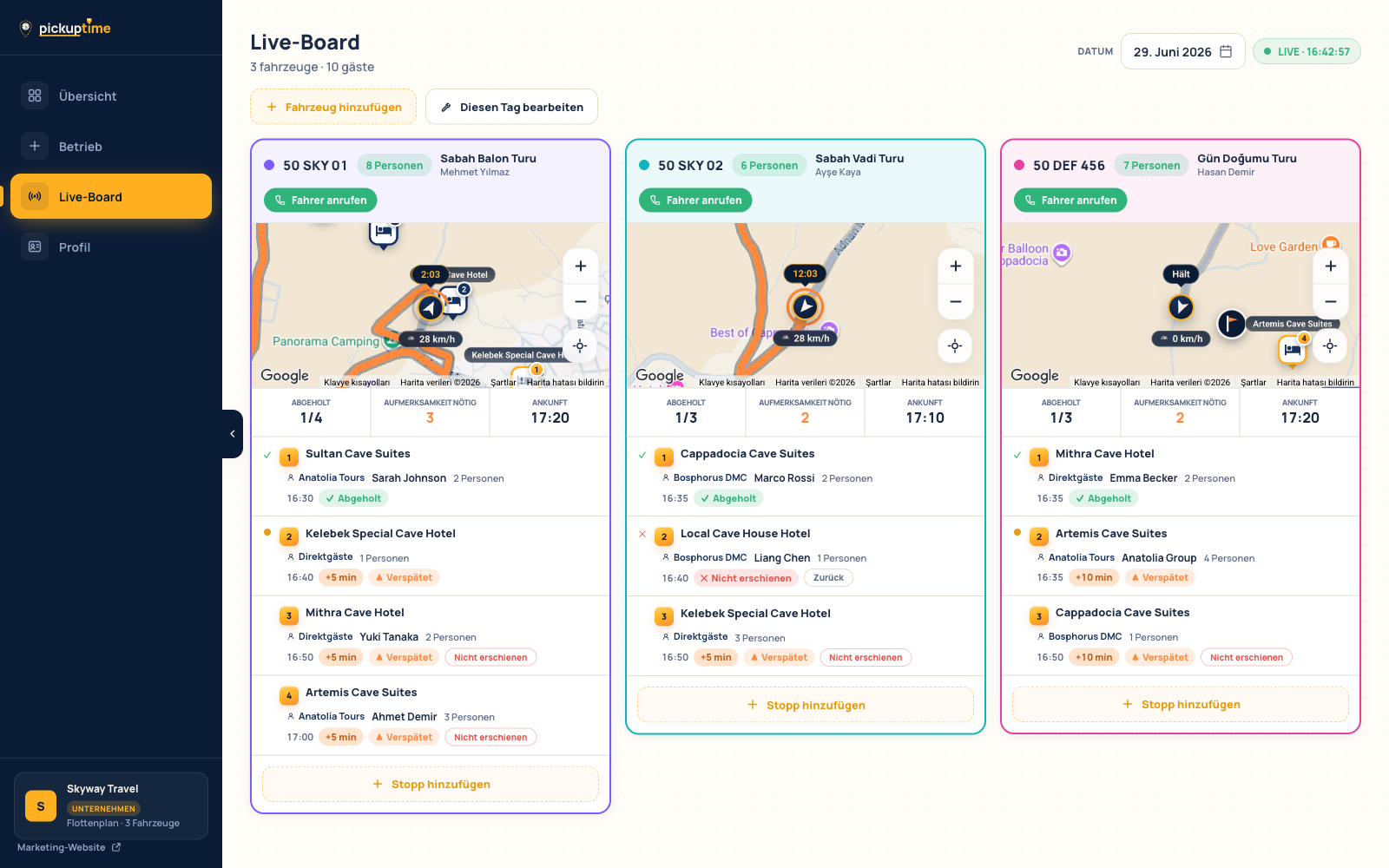 Live-Dashboard der Operations: Echtzeitkarte, Stopp-Zeitplan und Verspätungswarnungen
