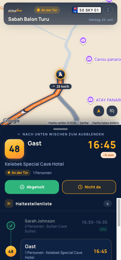 Fahrer-App: dunkler Routenbildschirm mit dem nächsten Stopp und Live-Karte