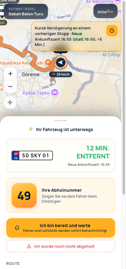 Gästetracking-Seite: Live-Karte mit dem ankommenden Fahrzeug und der Abholnummer