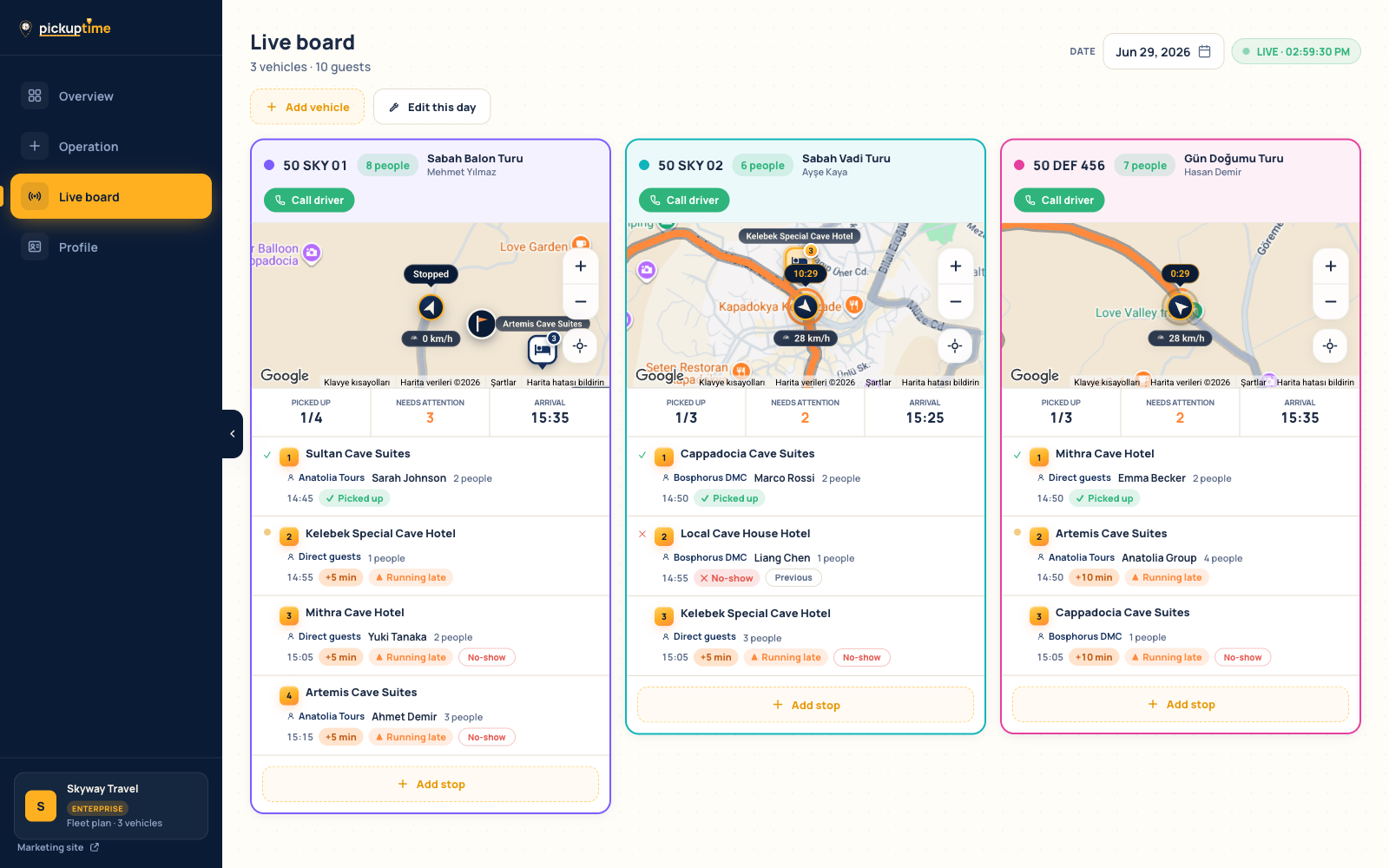Operations live dashboard: real-time map, stop timeline and delay alerts