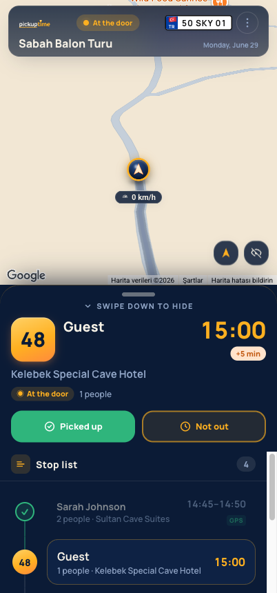 Driver app: dark route screen with the next stop and live map