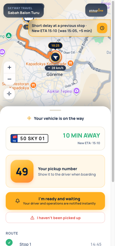 Guest tracking page: live map with the vehicle arriving and the pickup number