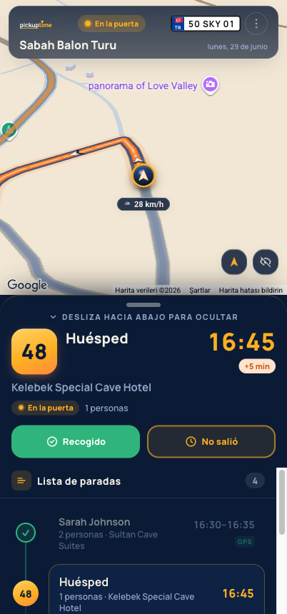 App del conductor: pantalla de ruta oscura con la siguiente parada y un mapa en vivo