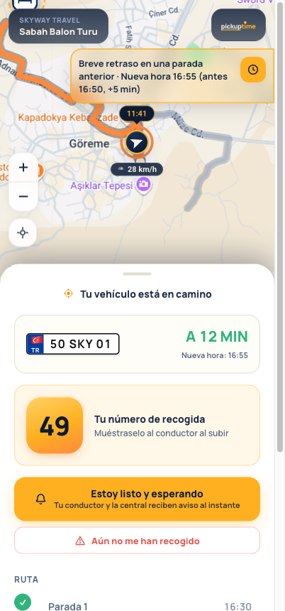 Página de seguimiento del huésped: mapa en vivo con el vehículo llegando y el número de recogida