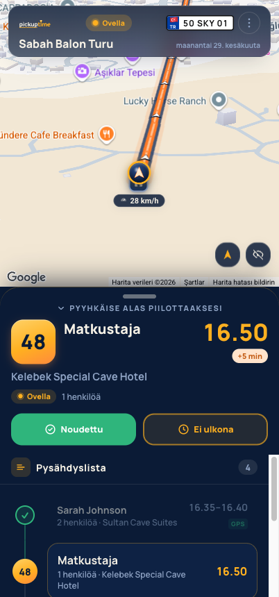 Kuljettajasovellus: tumma reittinäyttö seuraavalla pysähdyksellä ja reaaliaikaisella kartalla