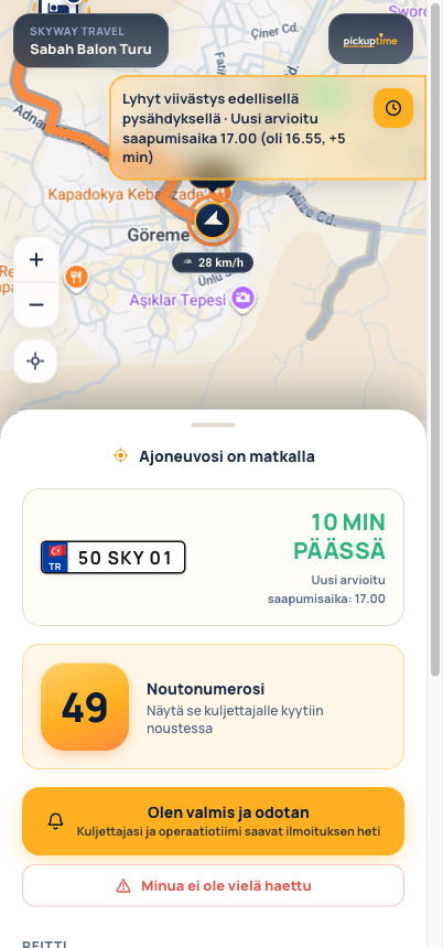 Vieraan seurantasivu: reaaliaikainen kartta saapuvalla ajoneuvolla ja noutonumerolla