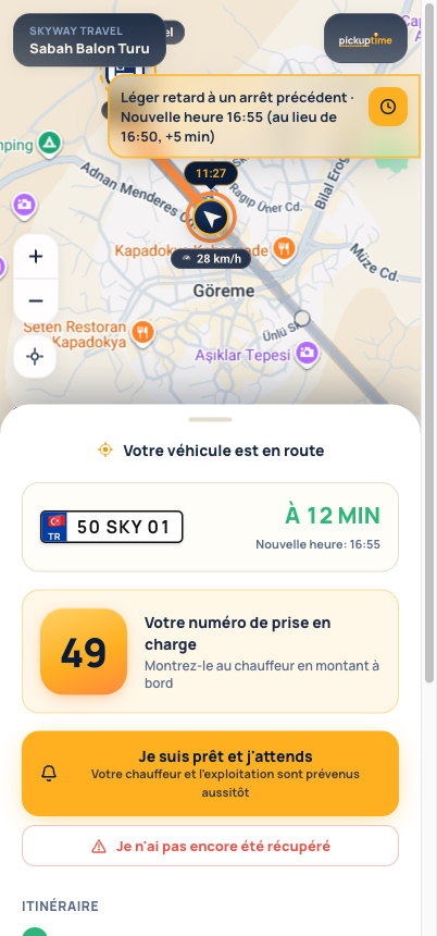 Page de suivi client : carte en direct avec le véhicule qui arrive et le numéro de prise en charge