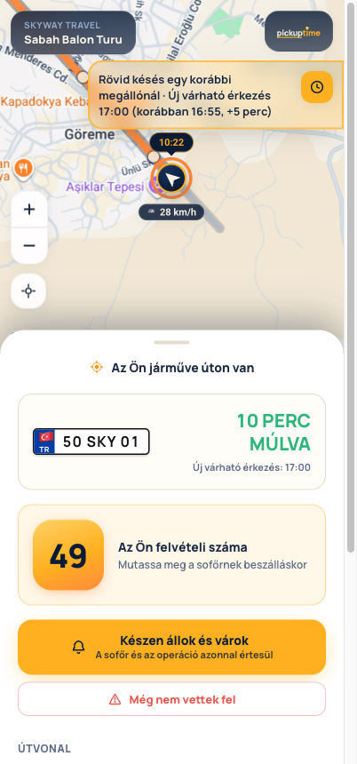Vendégkövető oldal: élő térkép az érkező járművel és a felvételi számmal
