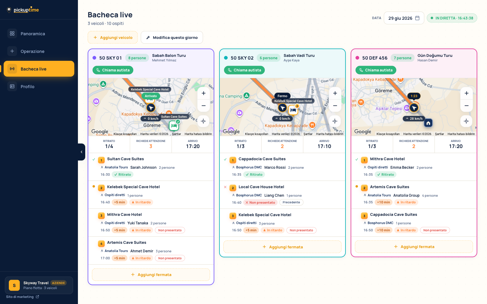 Dashboard operativa in tempo reale: mappa live, timeline delle fermate e avvisi di ritardo
