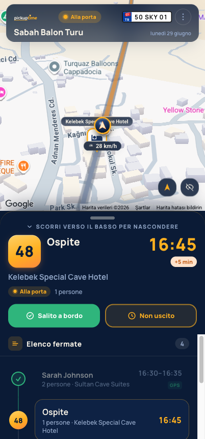 App autista: schermo scuro del percorso con la prossima fermata e mappa in tempo reale