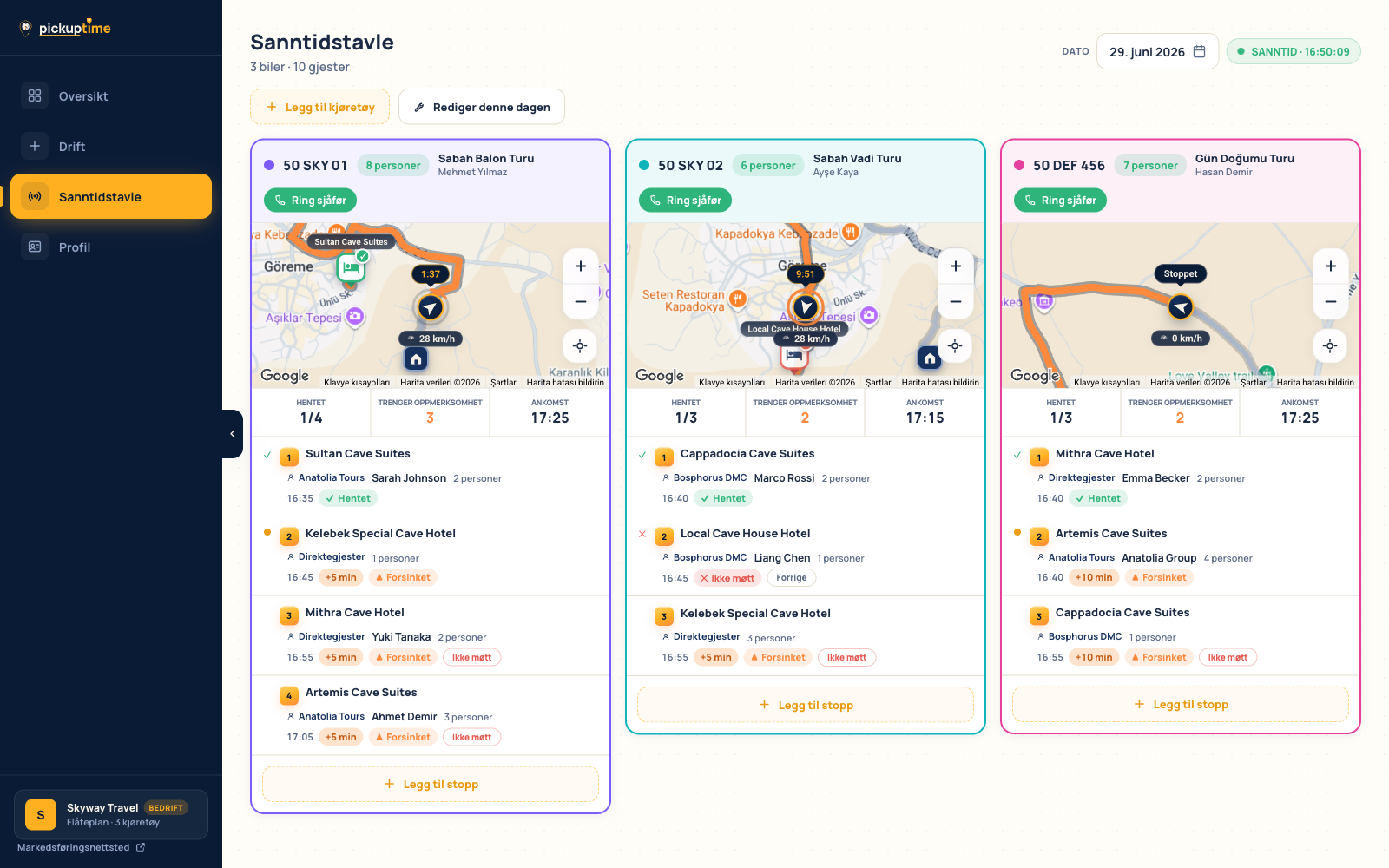 Sanntidsdashbord for drift: kart i sanntid, tidslinje for stopp og forsinkelsesvarsler