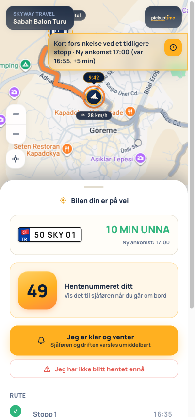 Gjestens sporingsside: sanntidskart med kjøretøyet på vei inn og hentenummeret