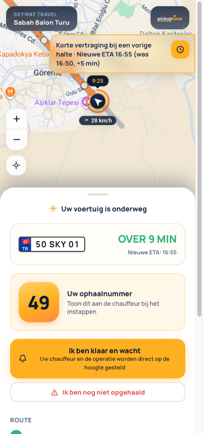 Gasttrackingpagina: live kaart met het naderende voertuig en het ophaalnummer