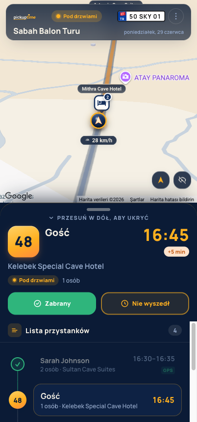 Aplikacja dla kierowcy: ciemny ekran trasy z kolejnym przystankiem i mapą na żywo