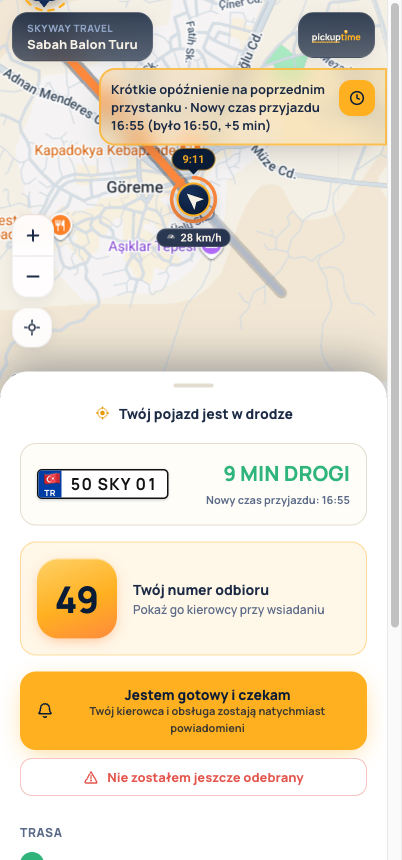 Strona śledzenia gościa: mapa na żywo z nadjeżdżającym pojazdem i numerem odbioru