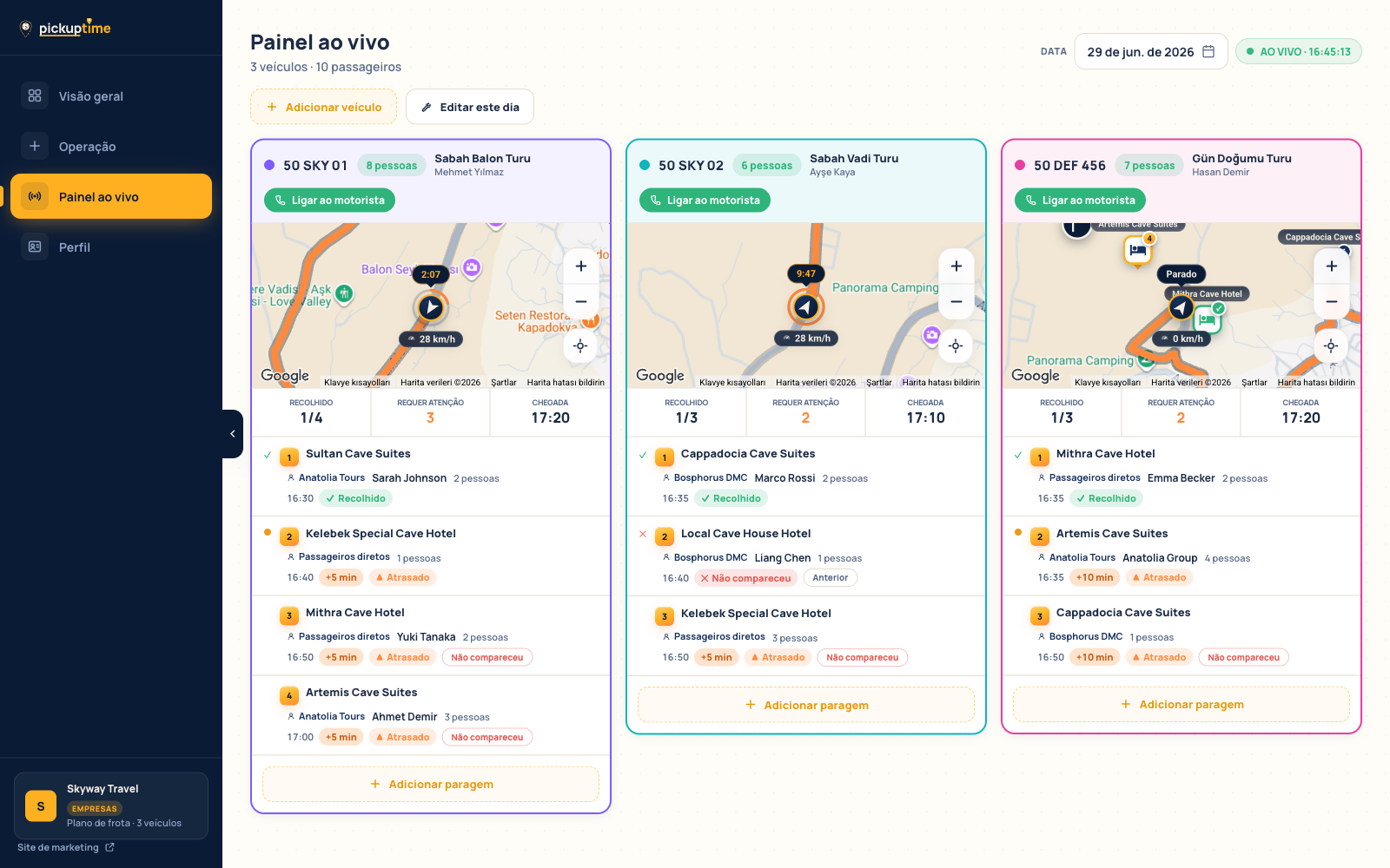 Painel ao vivo de operações: mapa em tempo real, linha do tempo das paradas e alertas de atraso