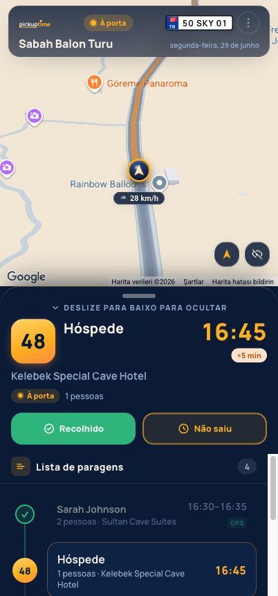 App do motorista: ecrã escuro da rota com a próxima parada e o mapa ao vivo