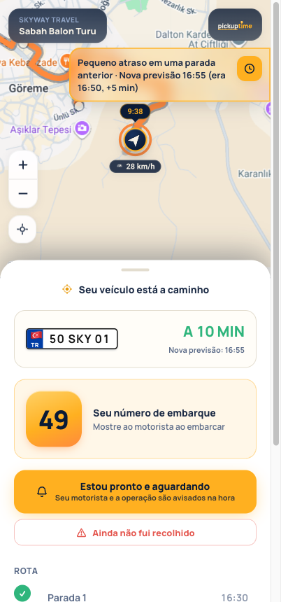 Página de rastreamento do hóspede: mapa ao vivo com o veículo chegando e o número de recolha