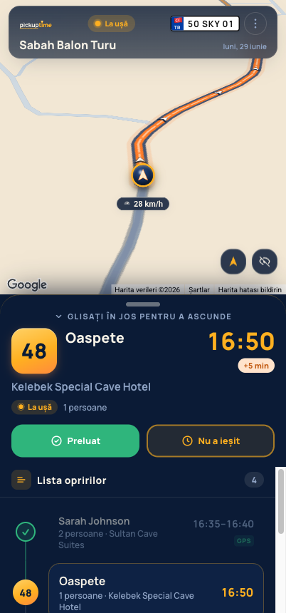 Aplicația șoferului: ecran de rută întunecat cu următoarea oprire și harta live