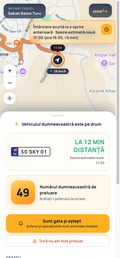 Pagina de urmărire a oaspetelui: hartă live cu vehiculul care sosește și numărul de preluare