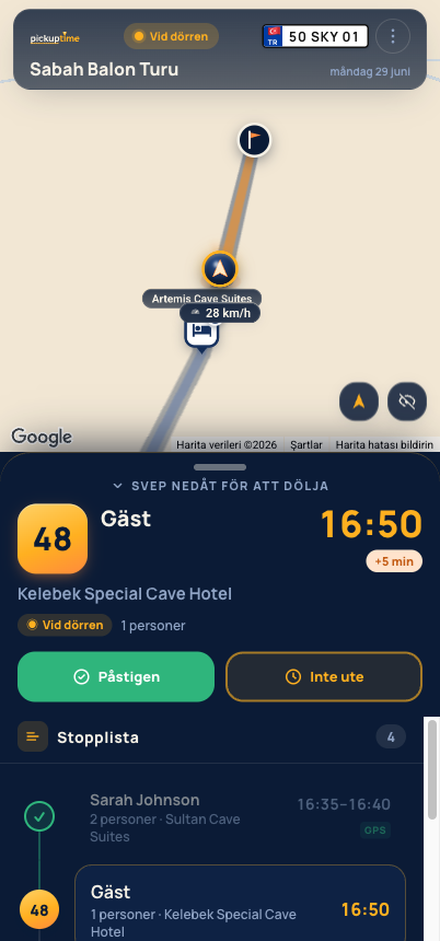 Förarapp: mörk ruttskärm med nästa stopp och livekarta