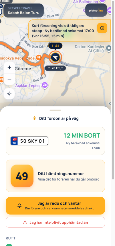 Gästspårningssida: livekarta med fordonet som anländer och upphämtningsnumret