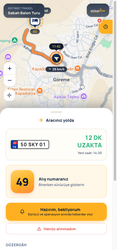 Misafir takip sayfası: yaklaşan araçla canlı harita ve alış numarası